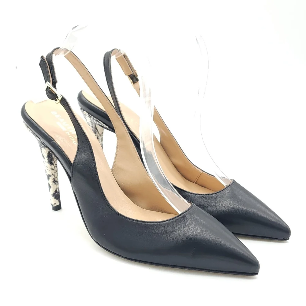 $295 Beautiisoles Michelle Black Leather Pointed Toe Slingback Pumps Size 9